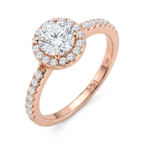 Dynara - Moissaniteforlovelsesring med halo og pavéringskinne