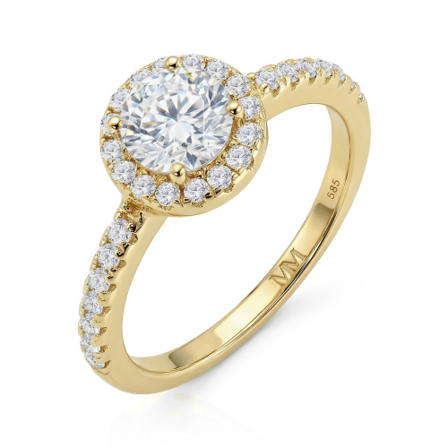 Dynara - Moissaniteforlovelsesring med halo og pavéringskinne