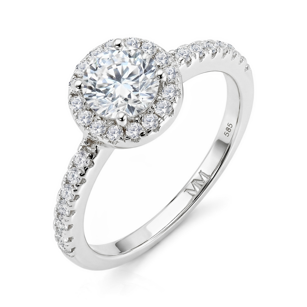 Dynara - Moissaniteforlovelsesring med halo og pavéringskinne