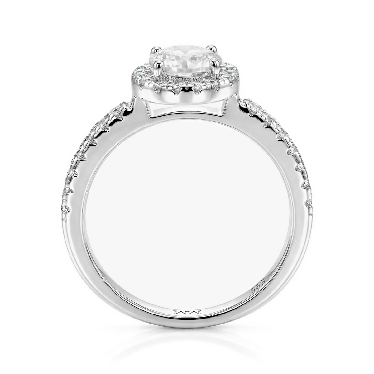 Dynara - Moissaniteforlovelsesring med halo og pavéringskinne