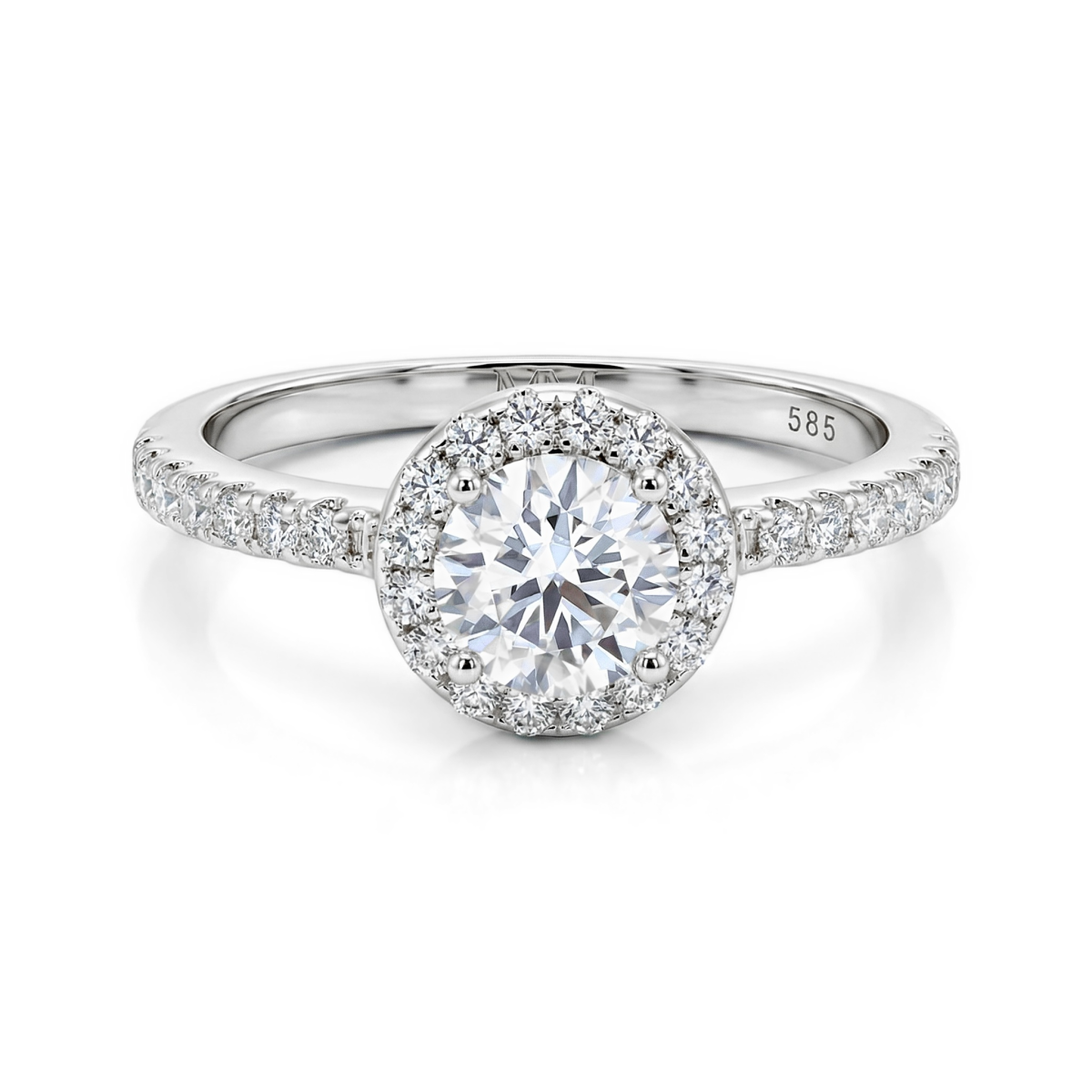 Dynara - Moissaniteforlovelsesring med halo og pavéringskinne