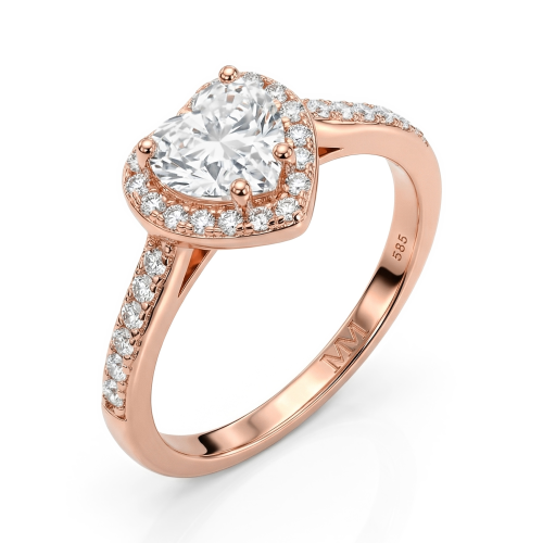 Amoria - Forlovelsesring med moissanite i hjerteformet slibning, halo og pavéfattede sidesten