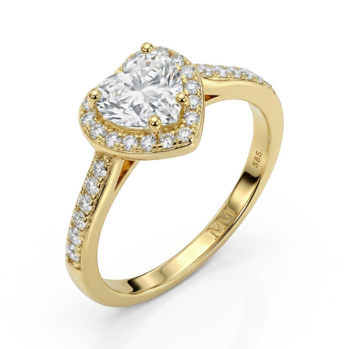 Amoria - Forlovelsesring med moissanite i hjerteformet slibning, halo og pavéfattede sidesten