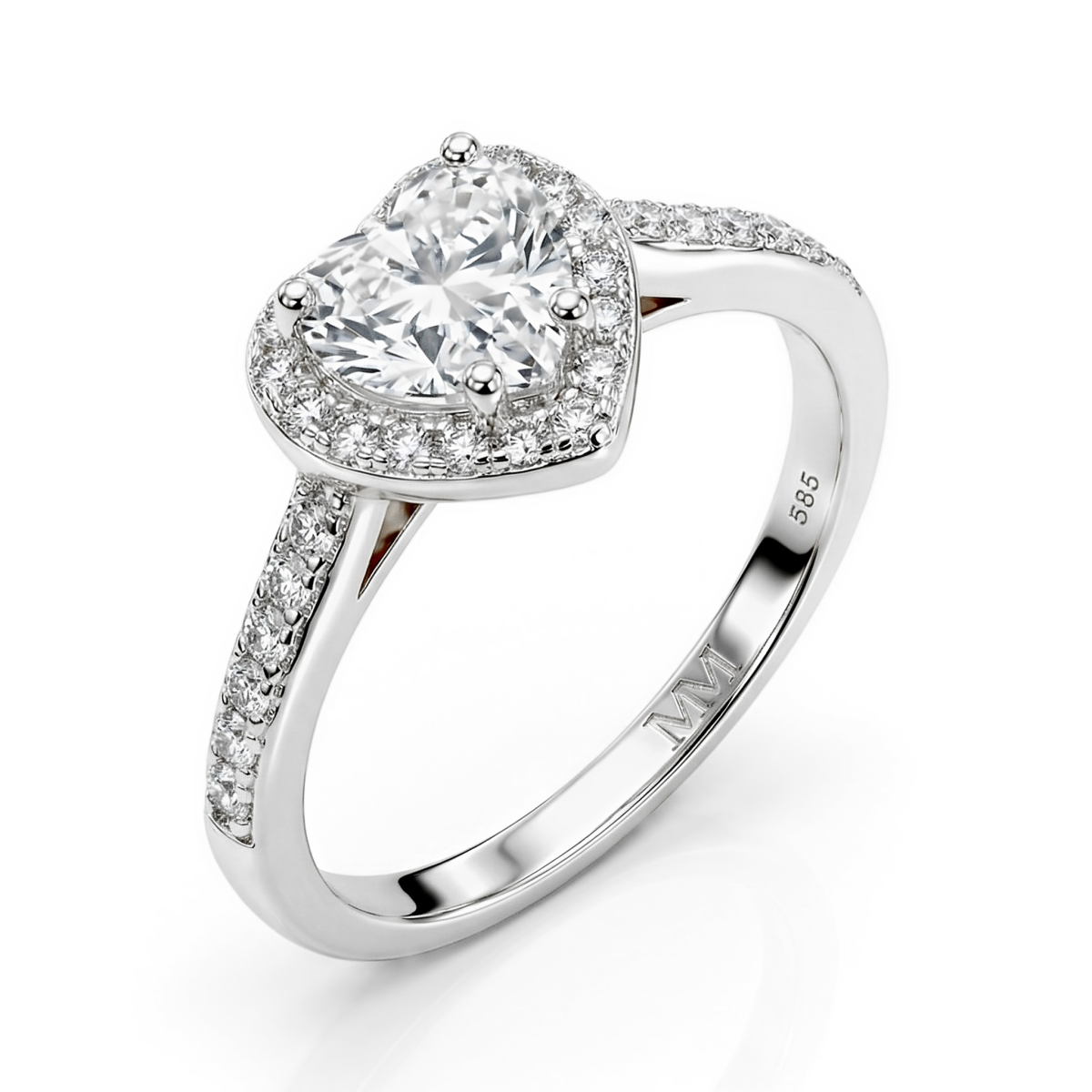 Amoria - Forlovelsesring med moissanite i hjerteformet slibning, halo og pavéfattede sidesten