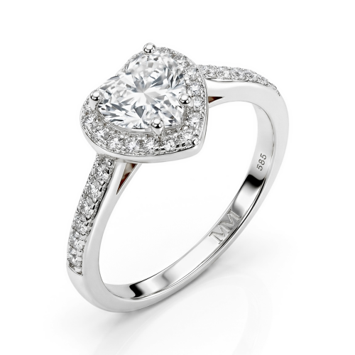 Amoria - Forlovelsesring med moissanite i hjerteformet slibning, halo og pavéfattede sidesten