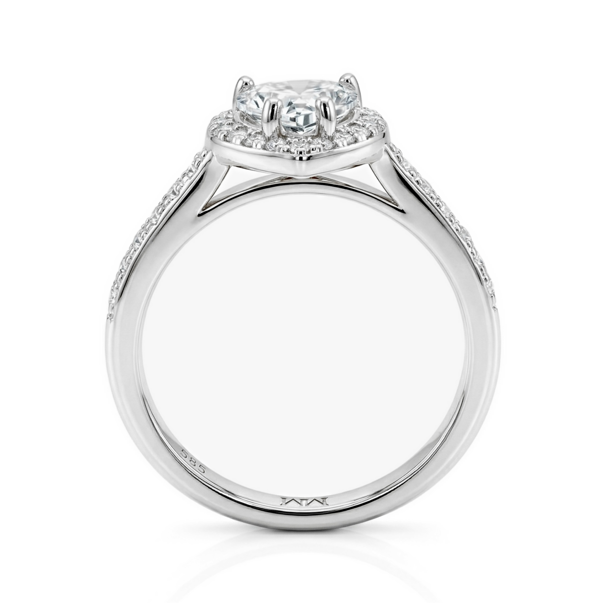 Amoria - Forlovelsesring med moissanite i hjerteformet slibning, halo og pavéfattede sidesten