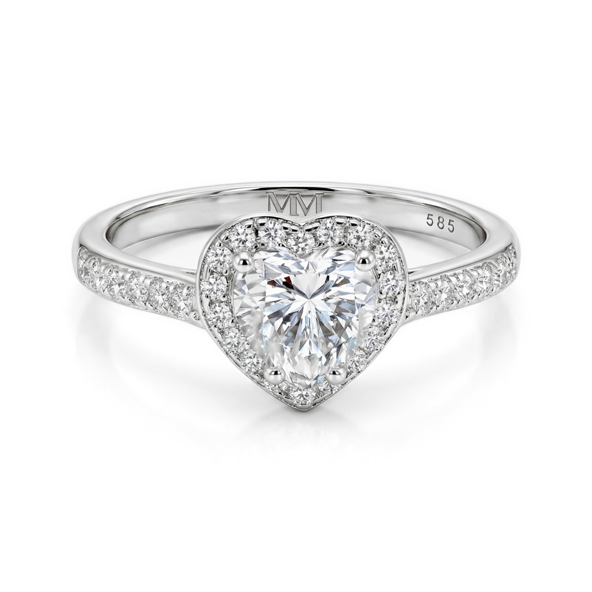 Amoria - Forlovelsesring med moissanite i hjerteformet slibning, halo og pavéfattede sidesten
