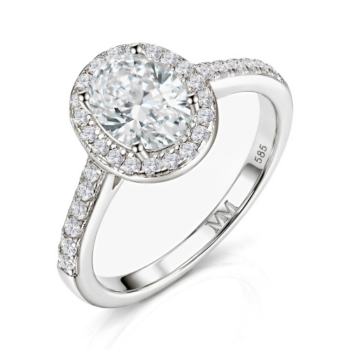 Orletta - Forlovelsesring med oval moissanite, pavéhalo og pavéringskinne