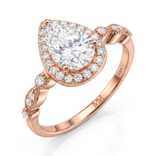 Elanore - Halo-forlovelsesring med dråbeformet moissanite og snoet ringskinne med pavé