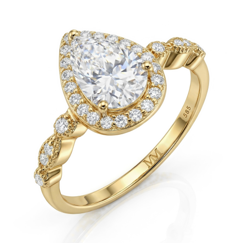 Elanore - Halo-forlovelsesring med dråbeformet moissanite og snoet ringskinne med pavé
