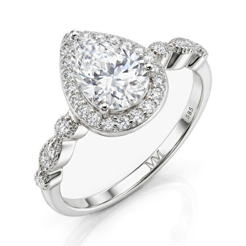 Elanore - Halo-forlovelsesring med dråbeformet moissanite og snoet ringskinne med pavé