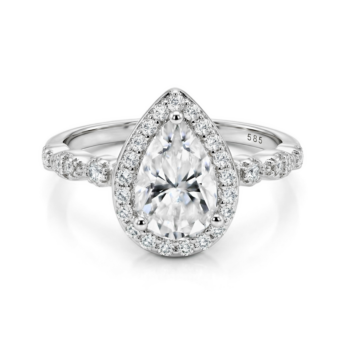Elanore - Forlovelsesring med moissanite i dråbeformet slibning og snoet pavéringskinne