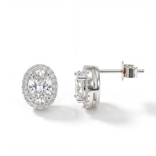 Ellipse - Ovale ørestikker med moissanite i halofatning