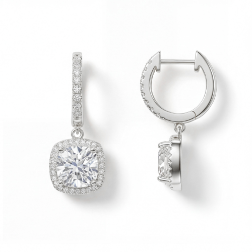Cushion Drops - Huggieøreringe med vedhæng, moissanite og halo