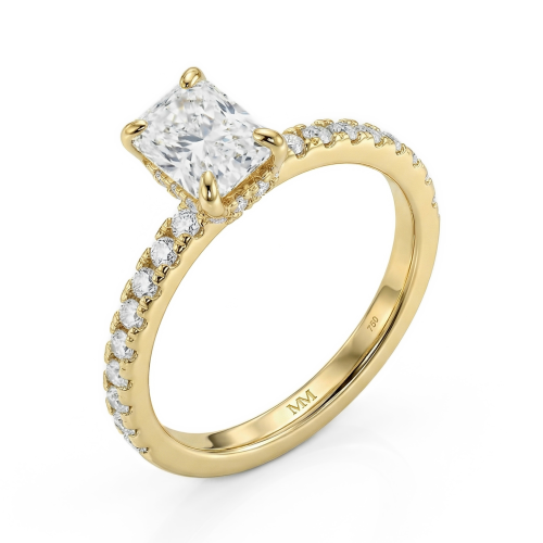 Astra - Ring med radiantslebet moissanite, pavéfattede sidesten og skjult halo