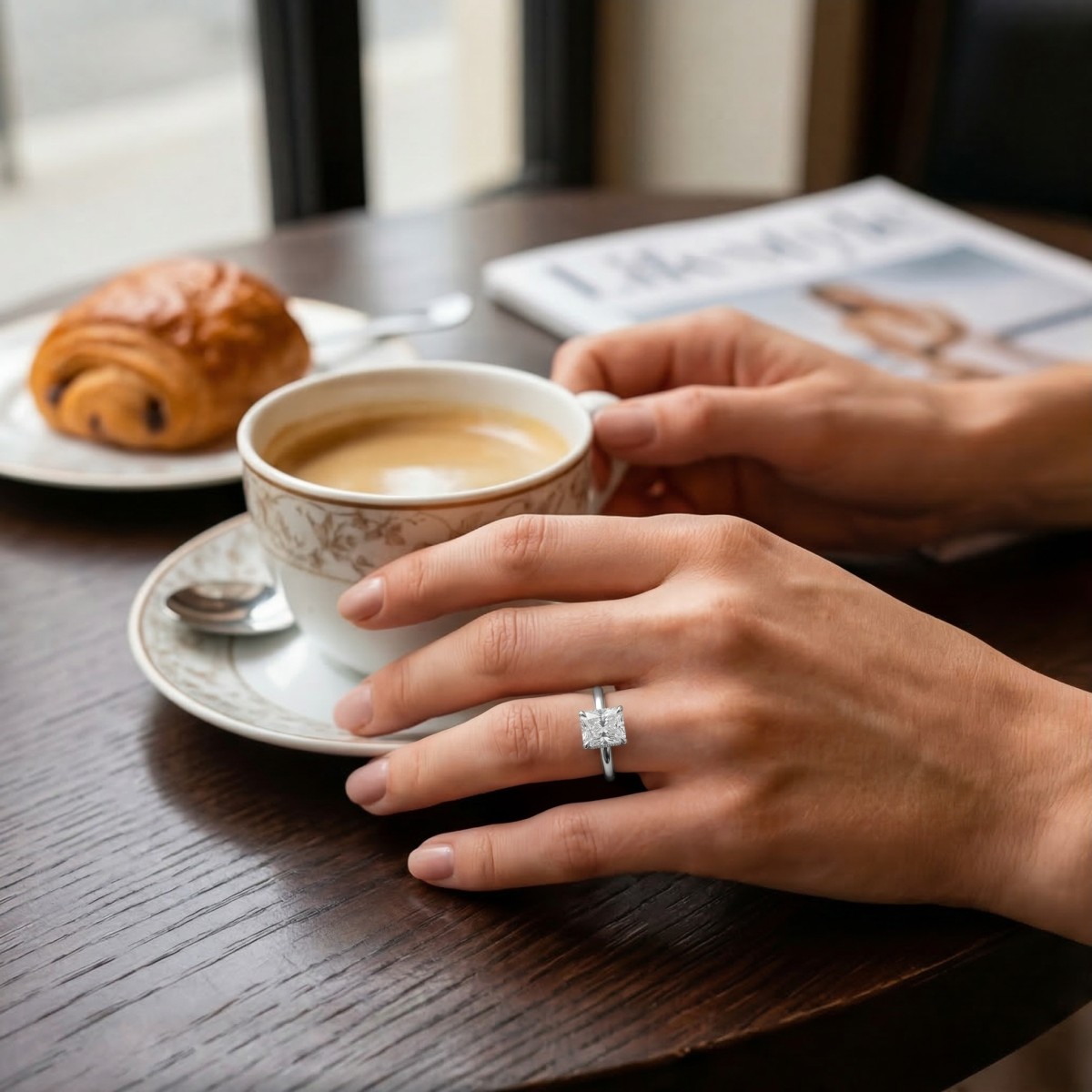 Mirabelle - Solitairering med radiantsleben moissanite, kurvefatning og skjult halo