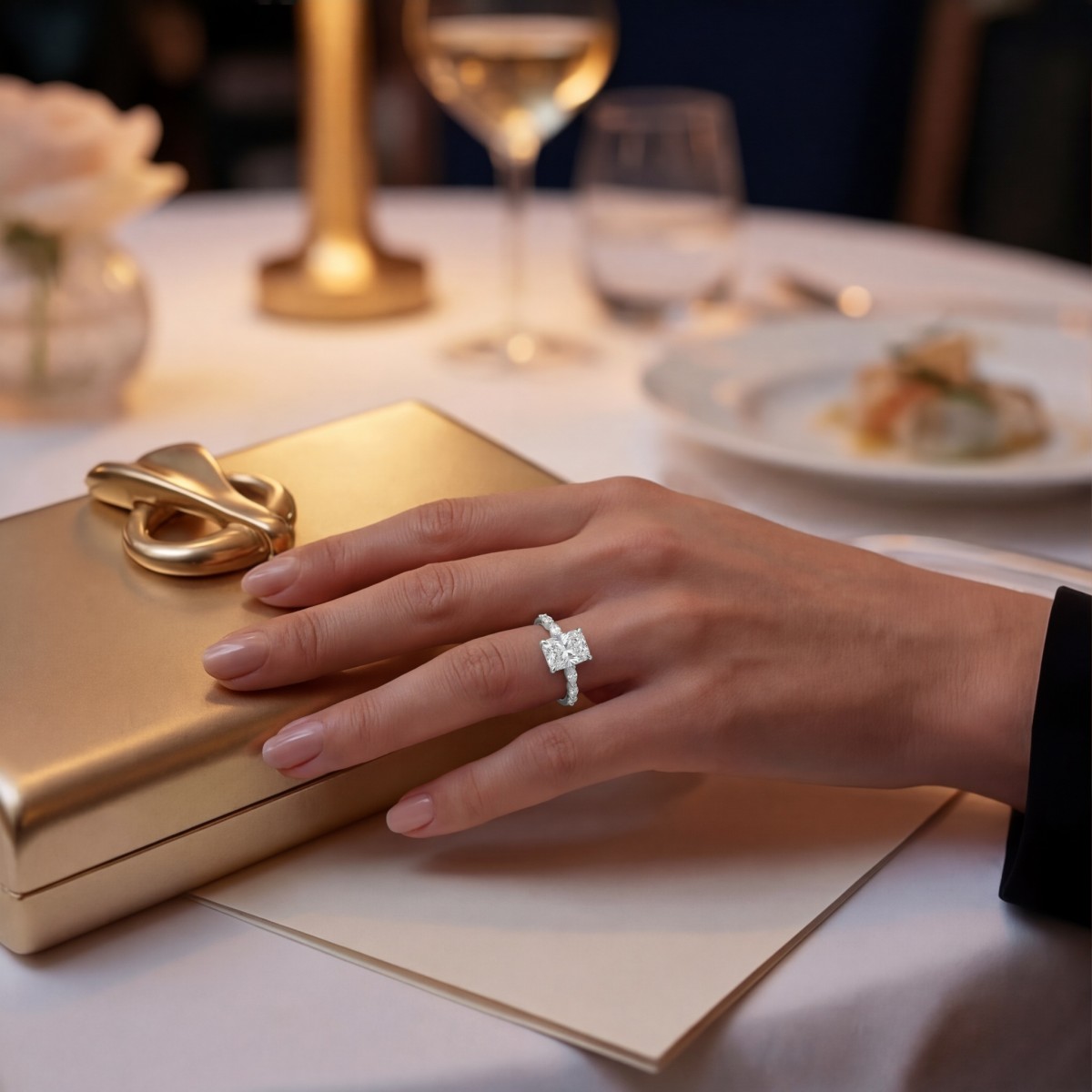 Luminaire - Ring med radiantsleben moissanite, marquiseslebne sidesten og skjult halo