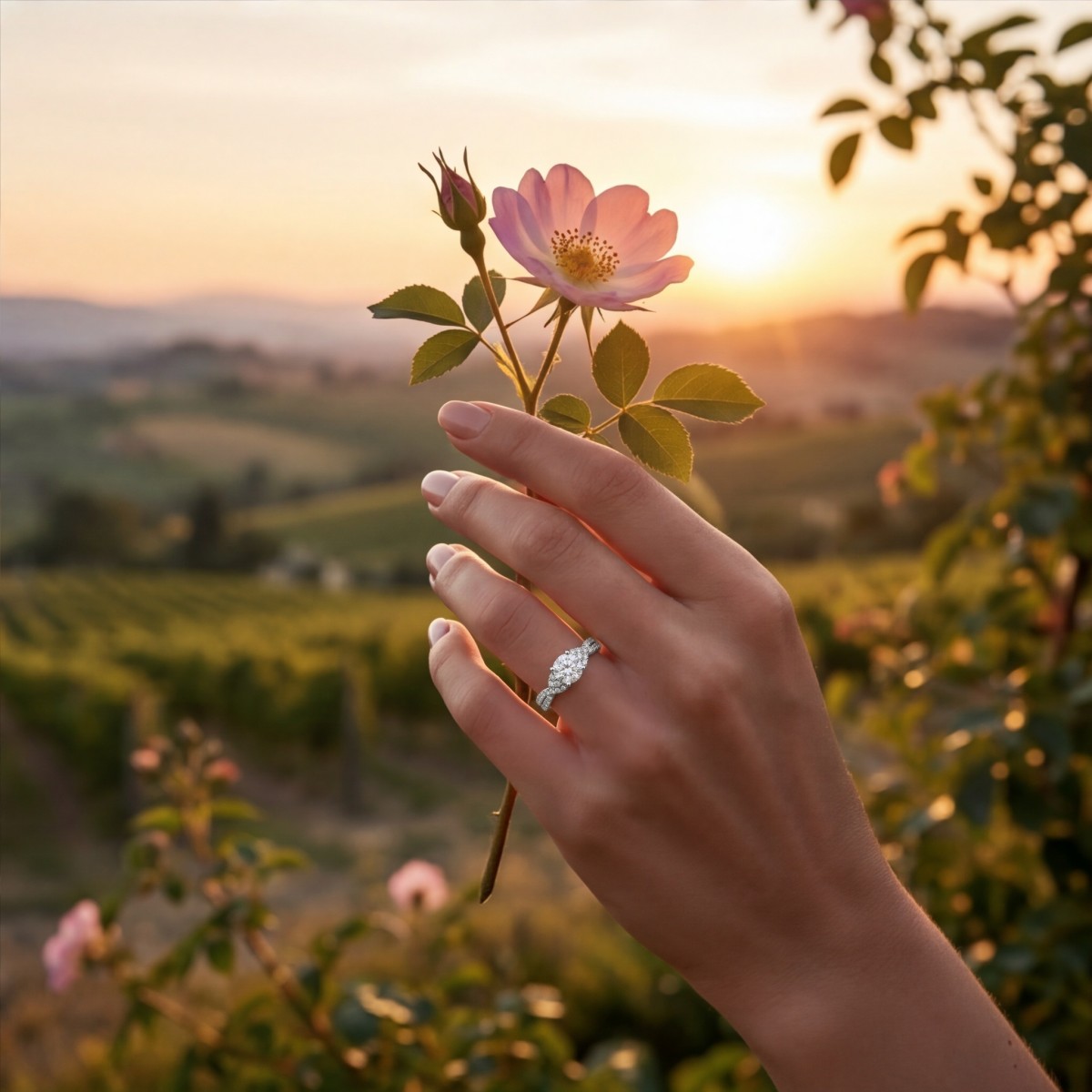 Mirari - Moissanite-forlovelsesring med snoet delt ringskinne og pavéfattede accentsten