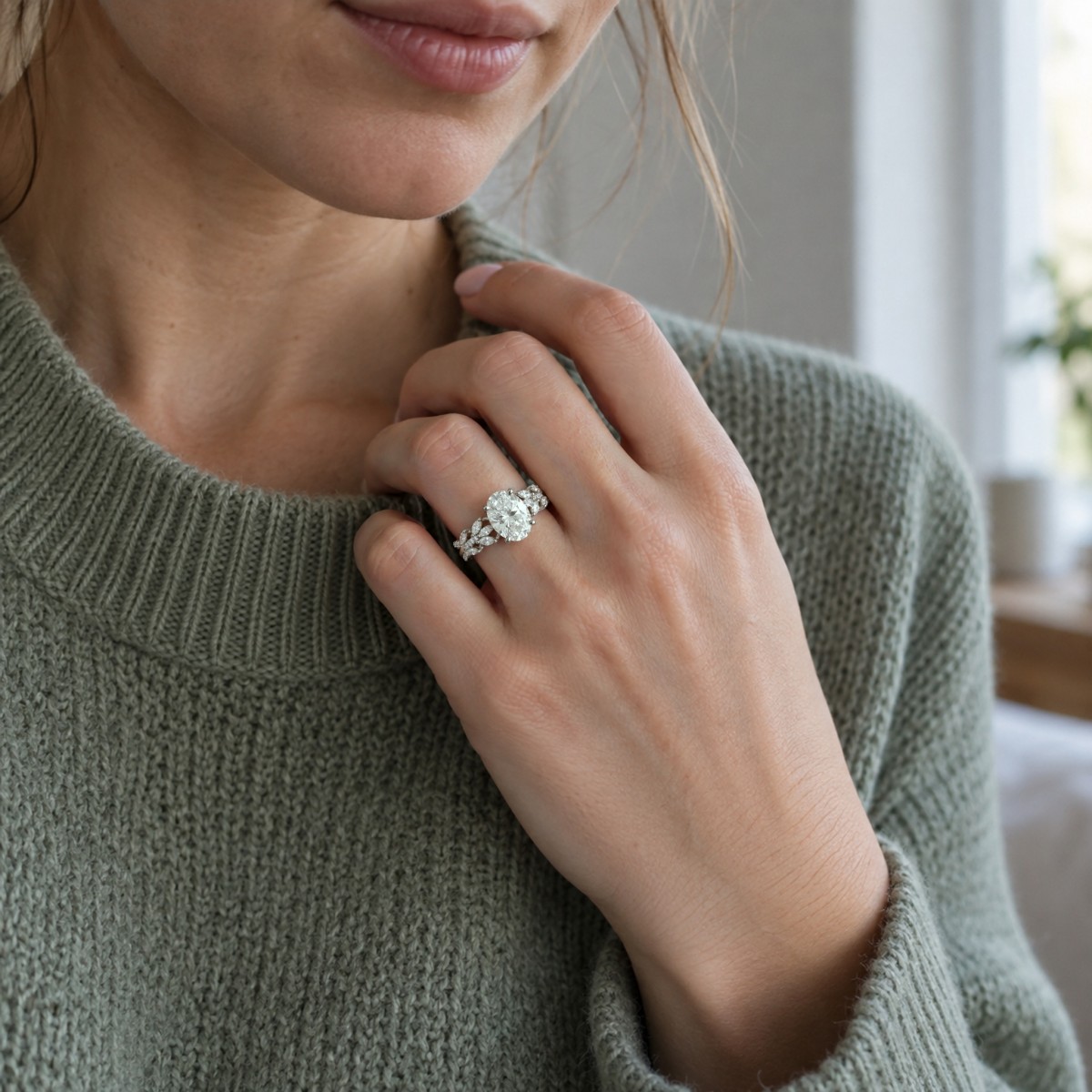 Wisteria - Ring med oval moissanite og ringskinne formet som en snoet vinranke