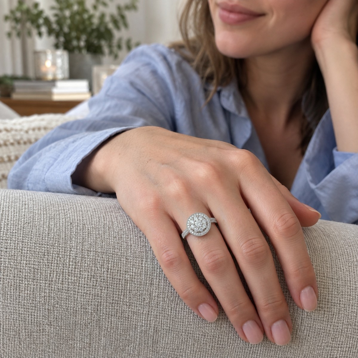 Corollina - Rund clusterring med moissanite, halo og pavéfattede skuldre