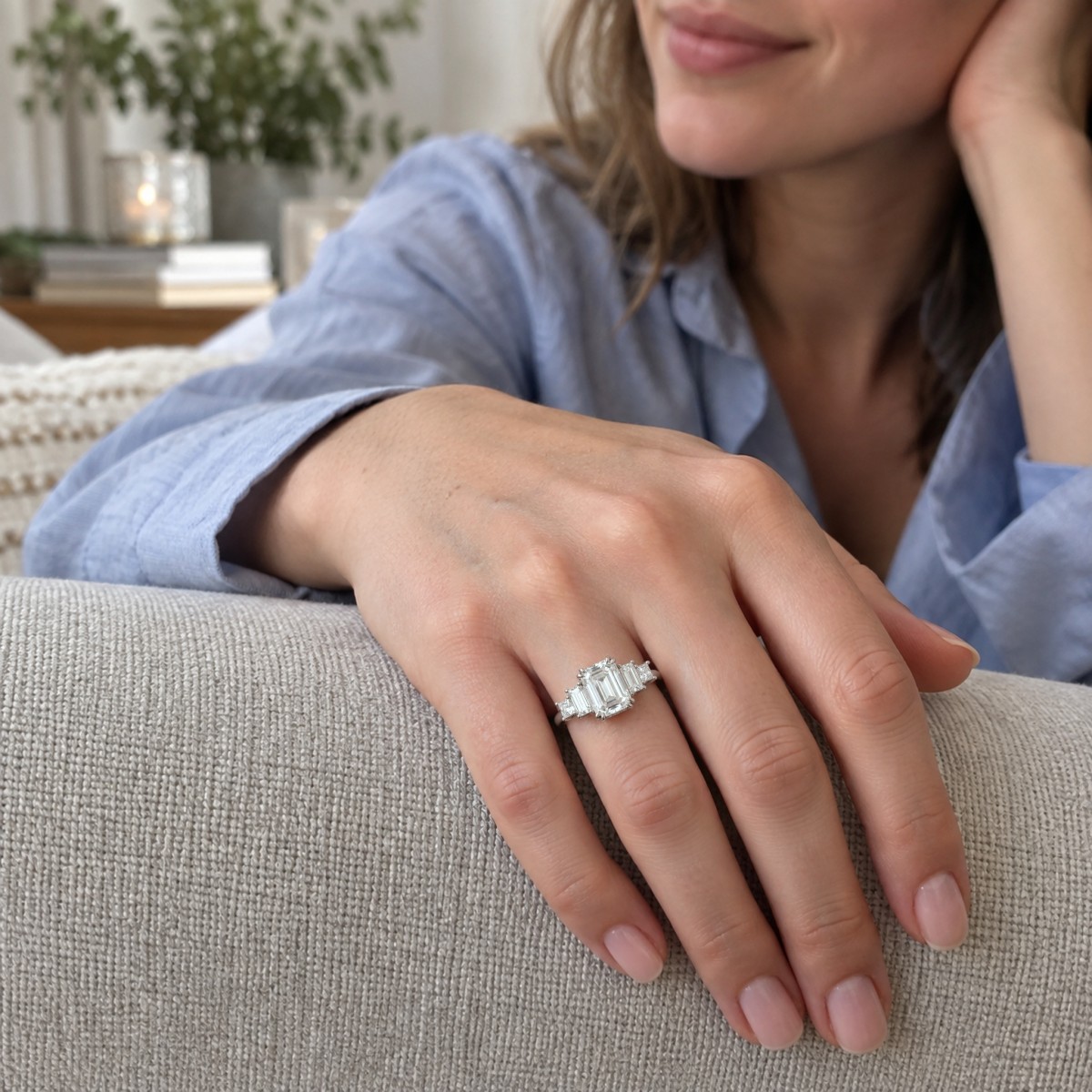 Mosaic - Femstensring med moissanite i smaragdslibning