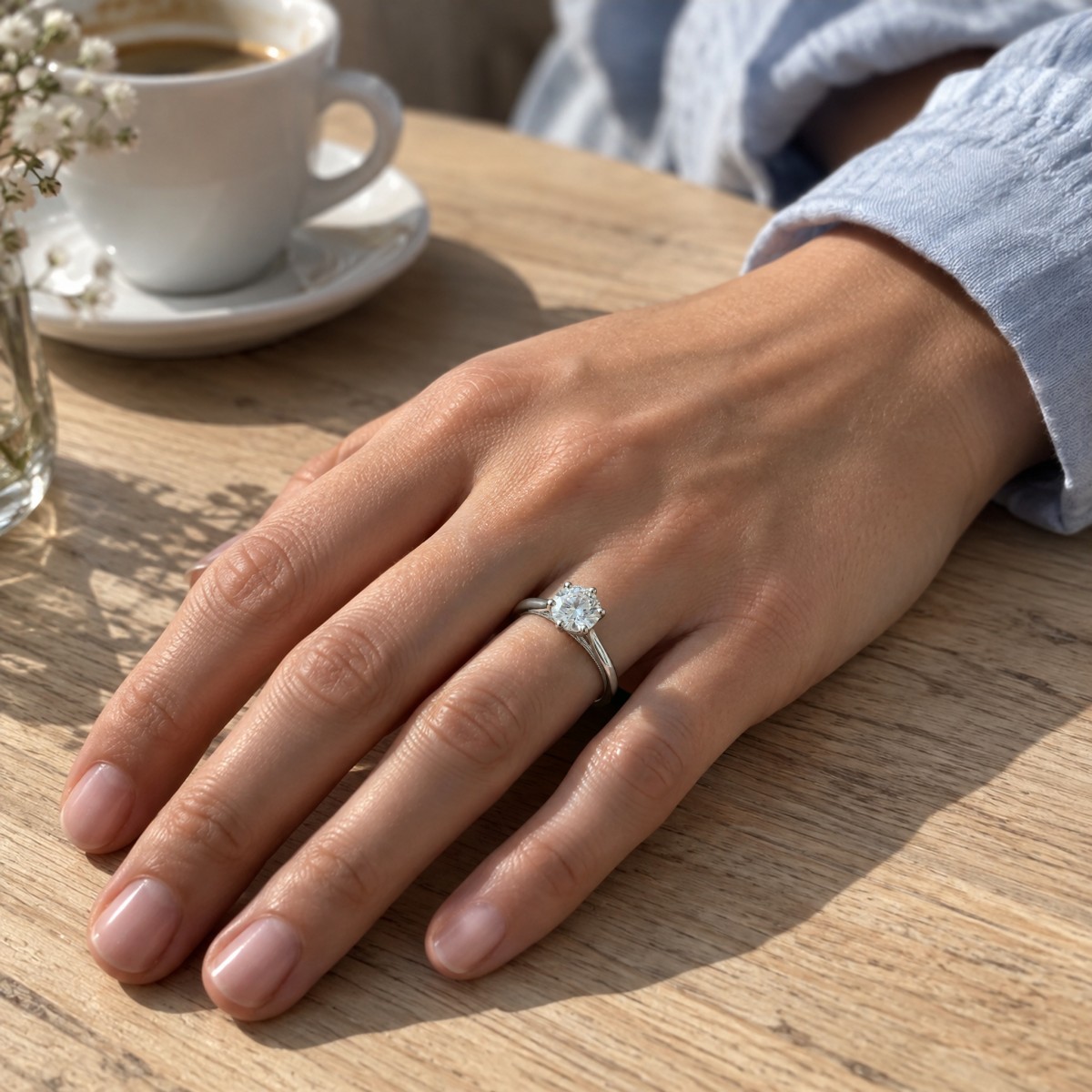 Lotella - Forlovelsesring med rund moissanite og udskåret lotusformet kurvefatning