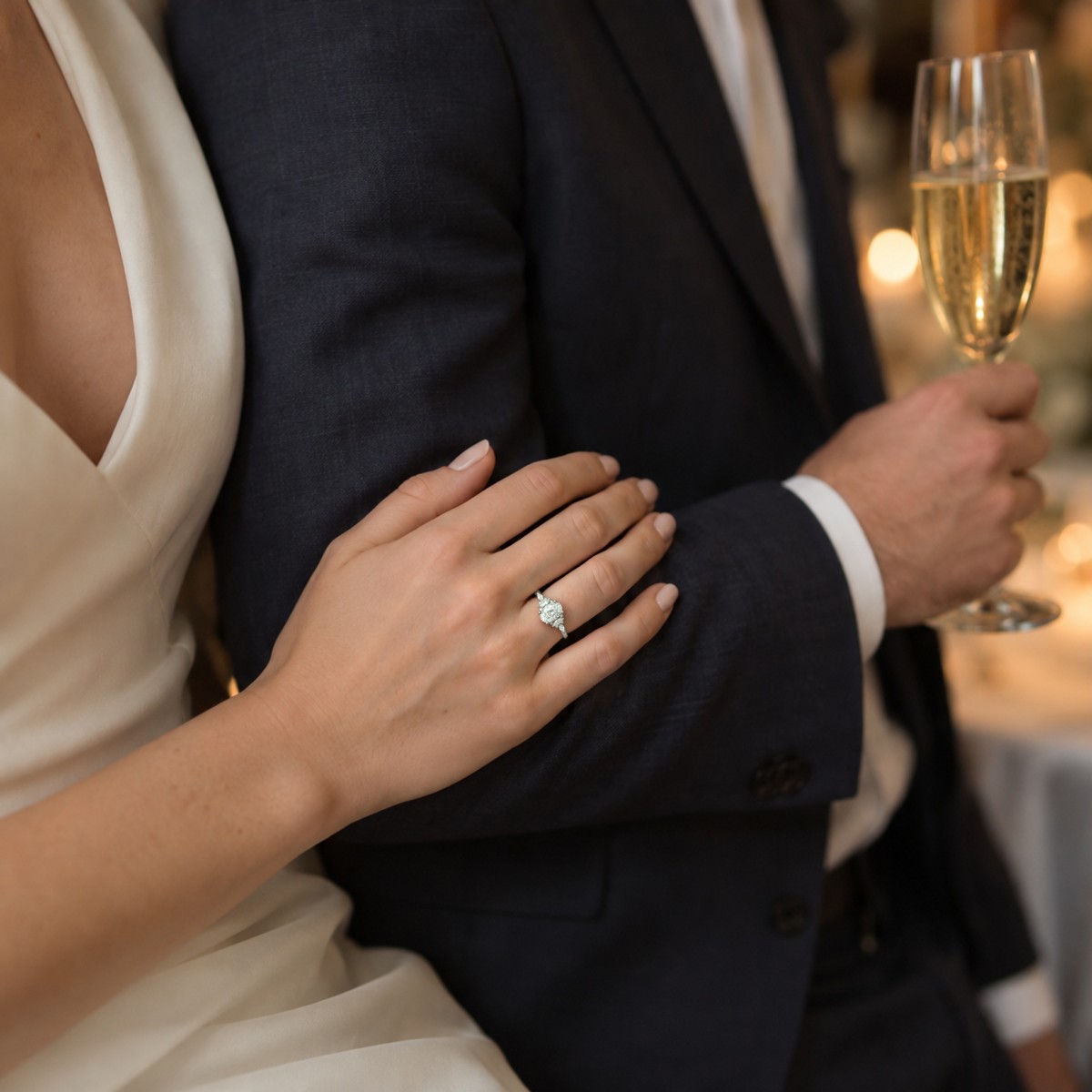 Ondine - Ring med oval moissanite og klynger af marquiseslebne sten på ringskuldrene